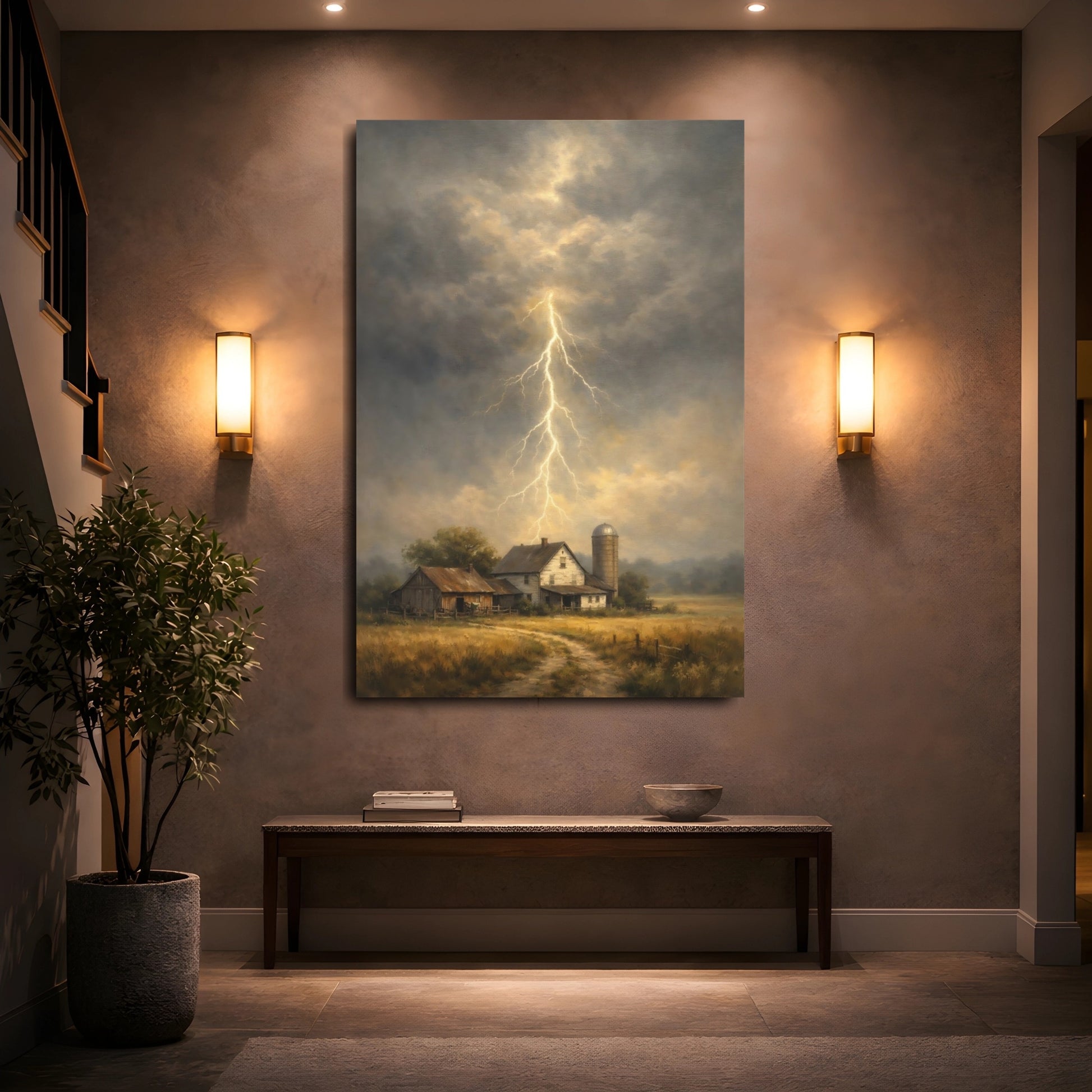 Mockup 4. Nature Lightning Storm Stormy Farm shown as stretched canvas wall art