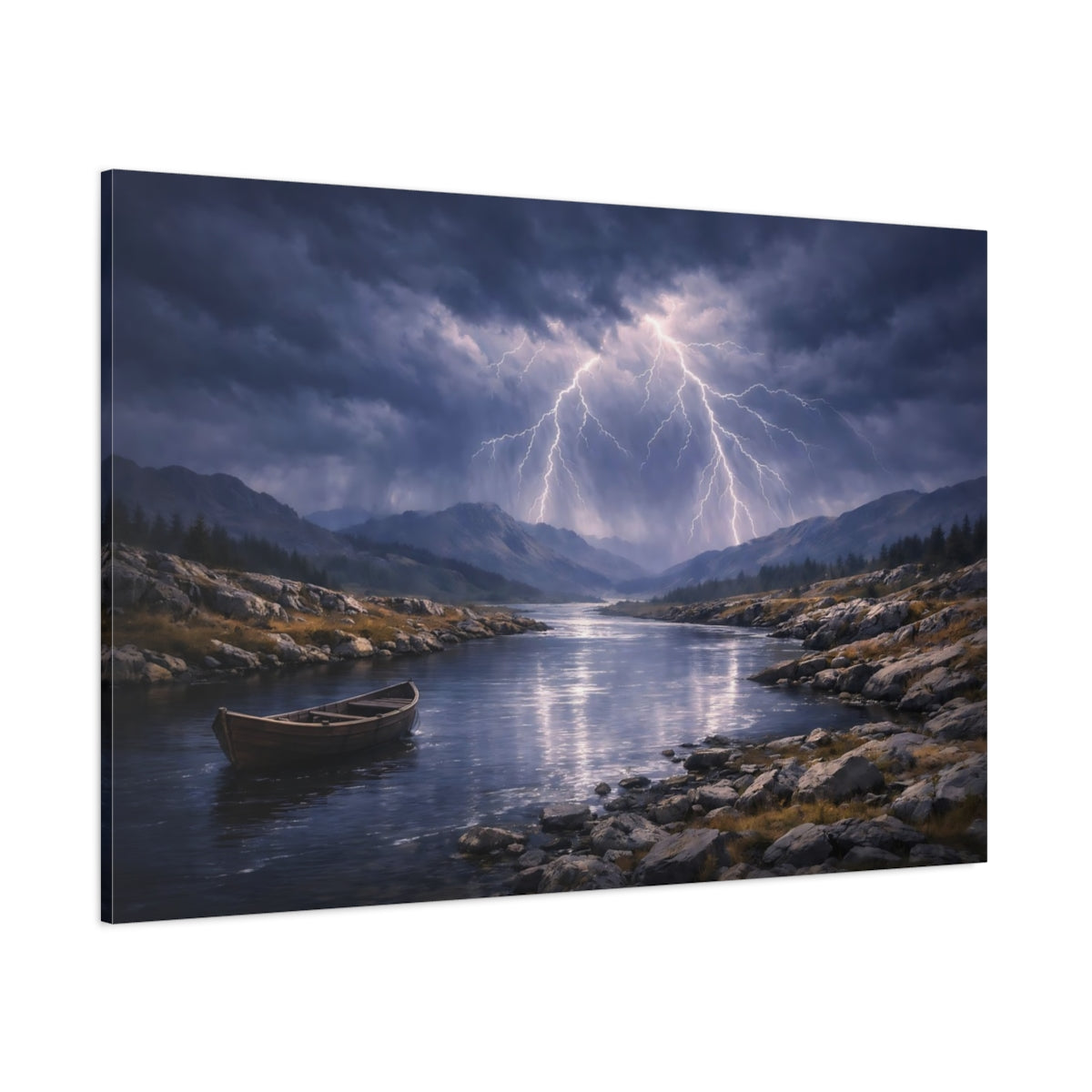 Side Mockup 1. Nature Lightning Storm Stormy River Lightning shown as stretched canvas wall art