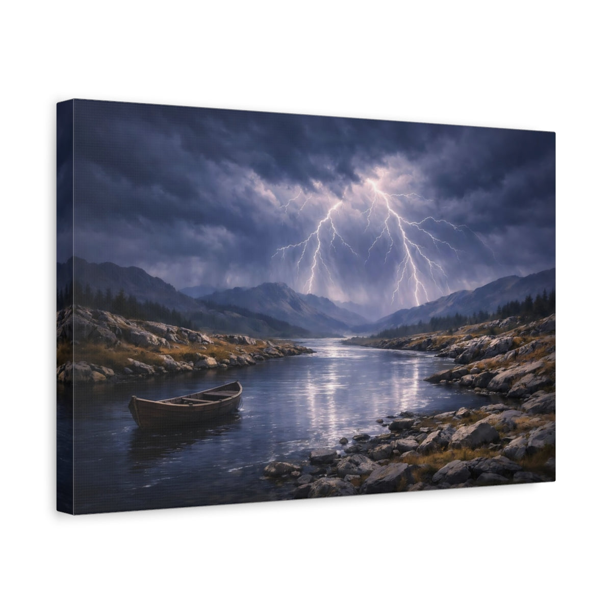 Side Mockup 4. Nature Lightning Storm Stormy River Lightning shown as stretched canvas wall art