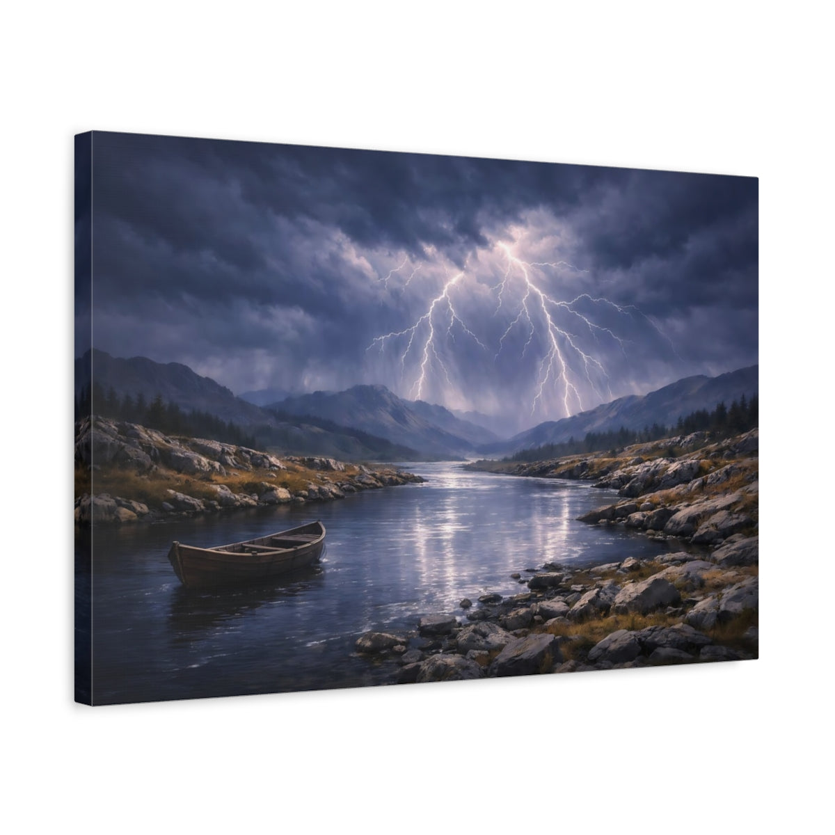 Side Mockup 3. Nature Lightning Storm Stormy River Lightning shown as stretched canvas wall art