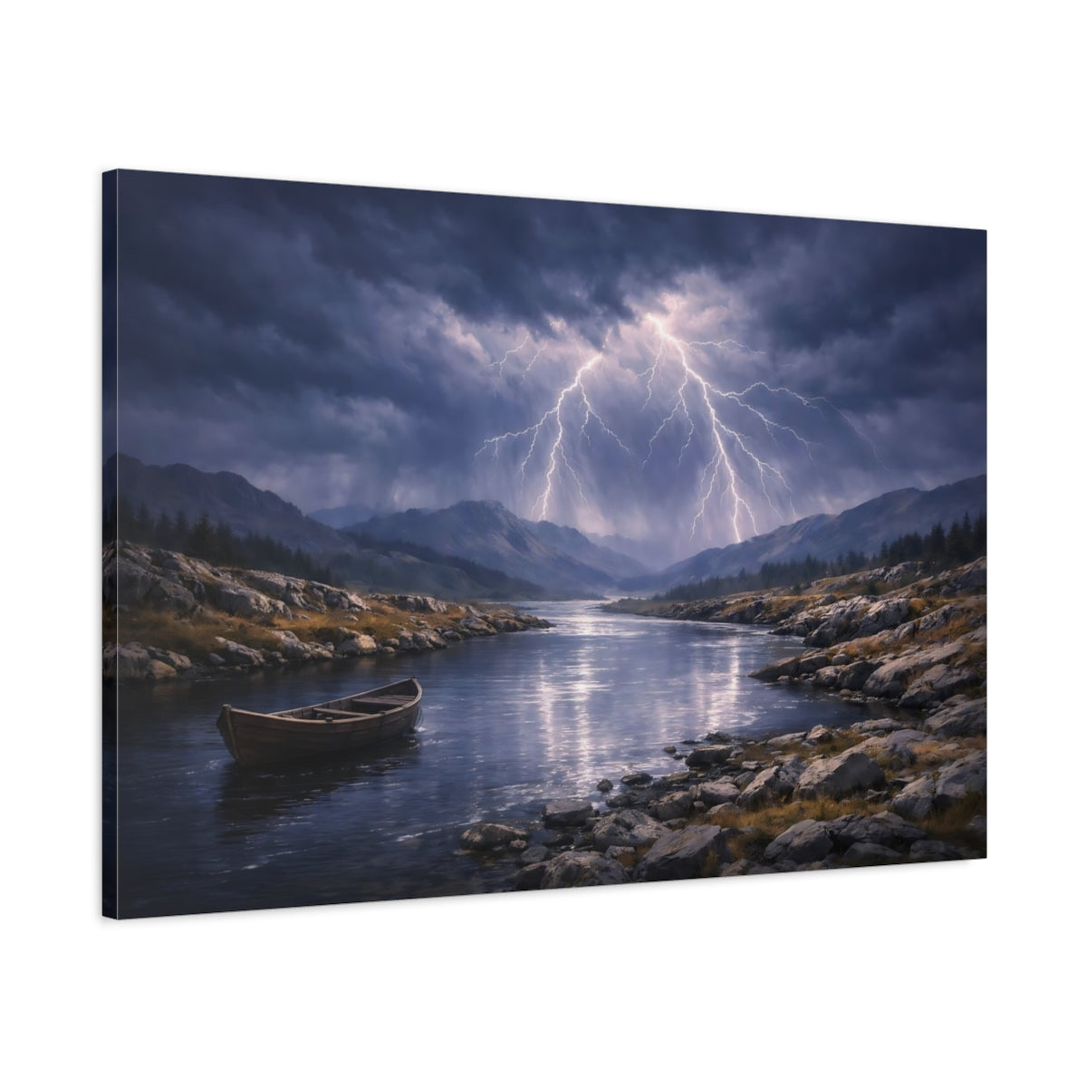 Main Mockup. Nature Lightning Storm Stormy River Lightning shown as stretched canvas wall art