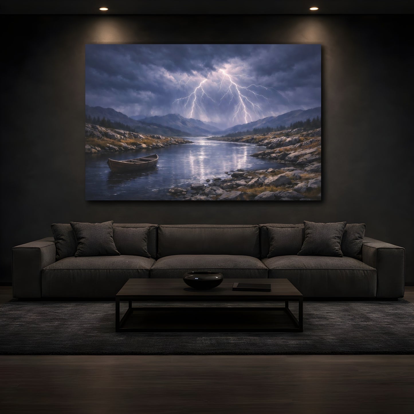 Mockup 2. Nature Lightning Storm Stormy River Lightning shown as stretched canvas wall art