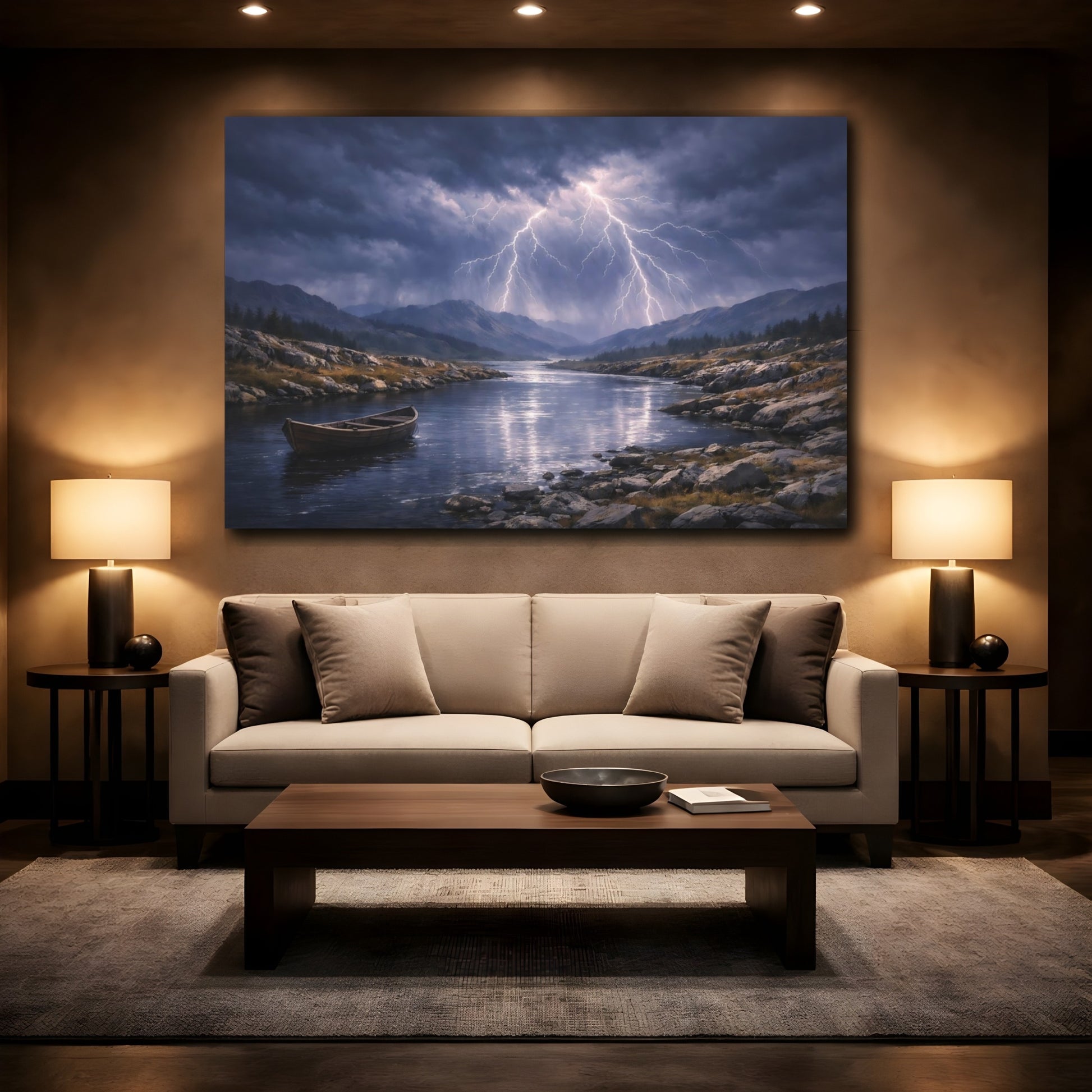 Mockup 3. Nature Lightning Storm Stormy River Lightning shown as stretched canvas wall art