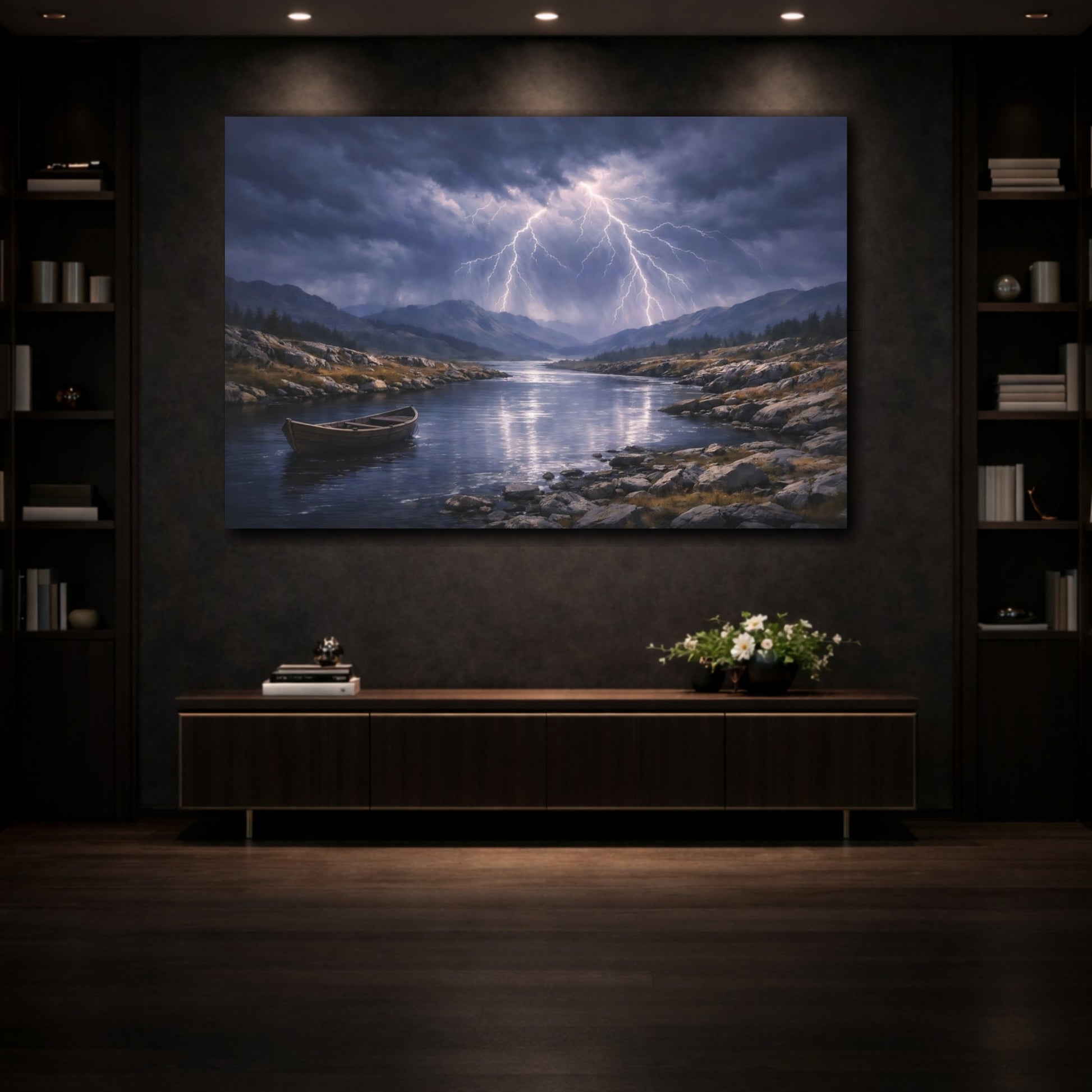 Mockup 4. Nature Lightning Storm Stormy River Lightning shown as stretched canvas wall art