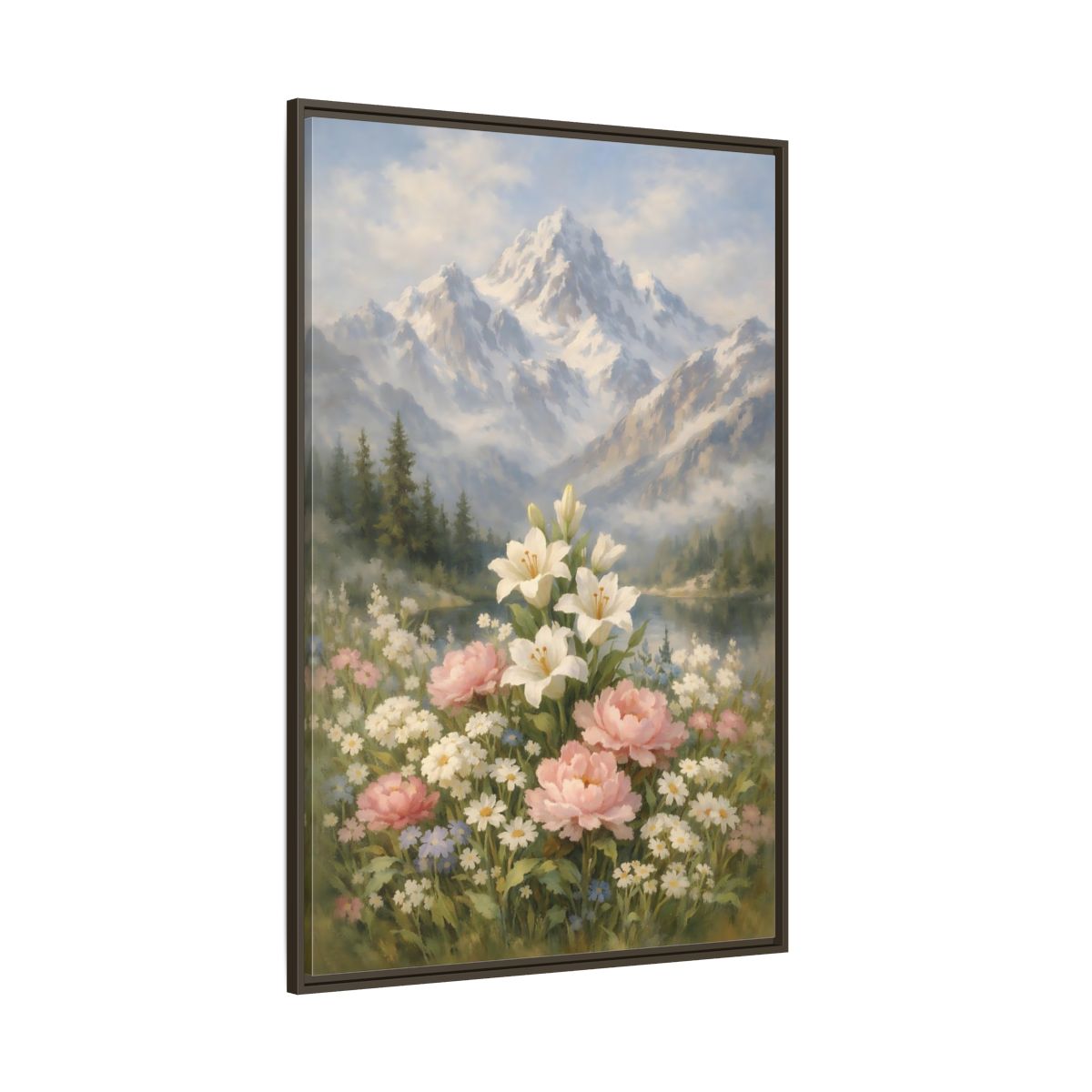 Side Mockup 8. Nature Lilies Peonies Pastel Mountain Flowers shown as stretched canvas wall art