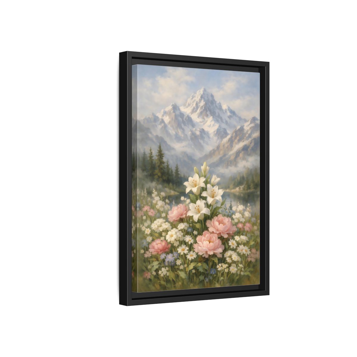 Side Mockup 6. Nature Lilies Peonies Pastel Mountain Flowers shown as stretched canvas wall art