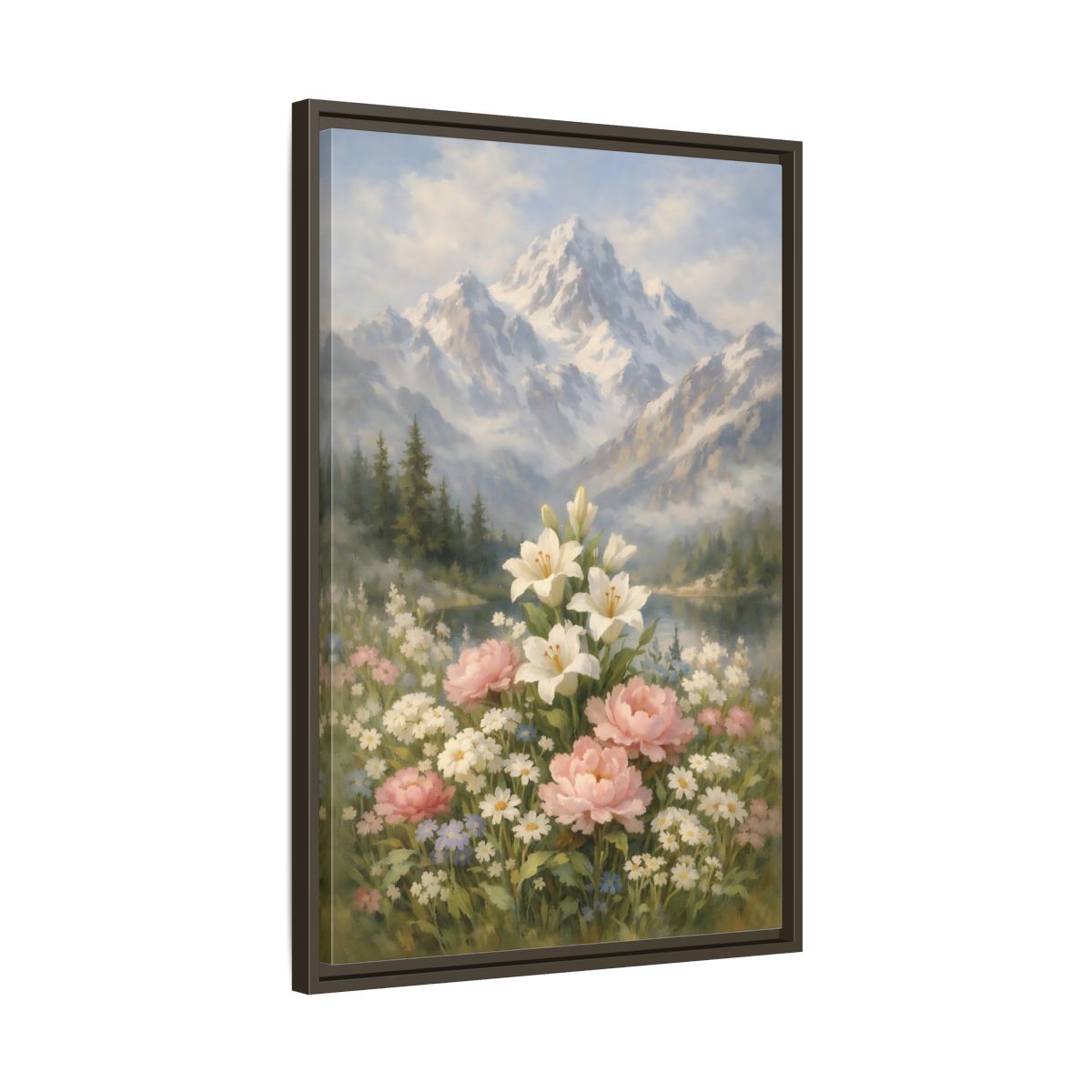 Side Mockup 12. Nature Lilies Peonies Pastel Mountain Flowers shown as stretched canvas wall art