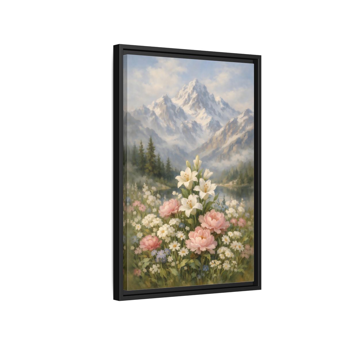 Side Mockup 3. Nature Lilies Peonies Pastel Mountain Flowers shown as stretched canvas wall art