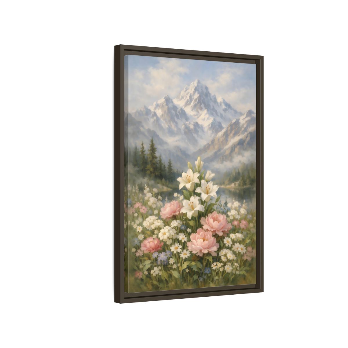 Side Mockup 2. Nature Lilies Peonies Pastel Mountain Flowers shown as stretched canvas wall art