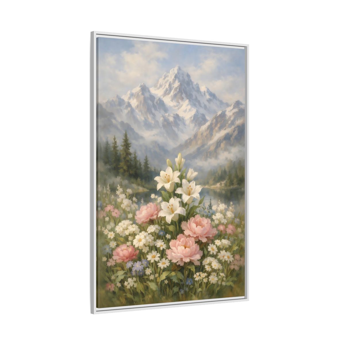 Side Mockup 7. Nature Lilies Peonies Pastel Mountain Flowers shown as stretched canvas wall art