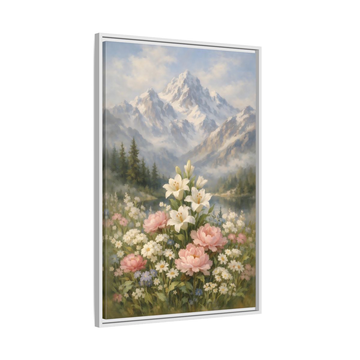 Side Mockup 9. Nature Lilies Peonies Pastel Mountain Flowers shown as stretched canvas wall art