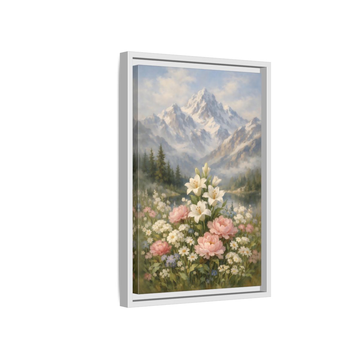 Side Mockup 4. Nature Lilies Peonies Pastel Mountain Flowers shown as stretched canvas wall art