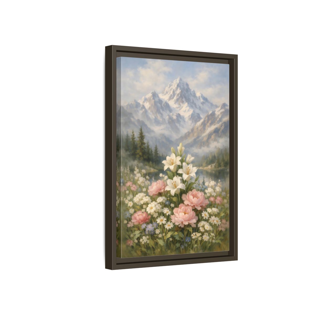 Side Mockup 5. Nature Lilies Peonies Pastel Mountain Flowers shown as stretched canvas wall art