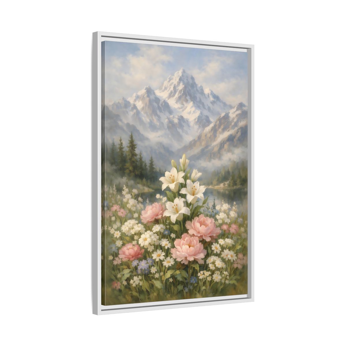 Side Mockup 11. Nature Lilies Peonies Pastel Mountain Flowers shown as stretched canvas wall art
