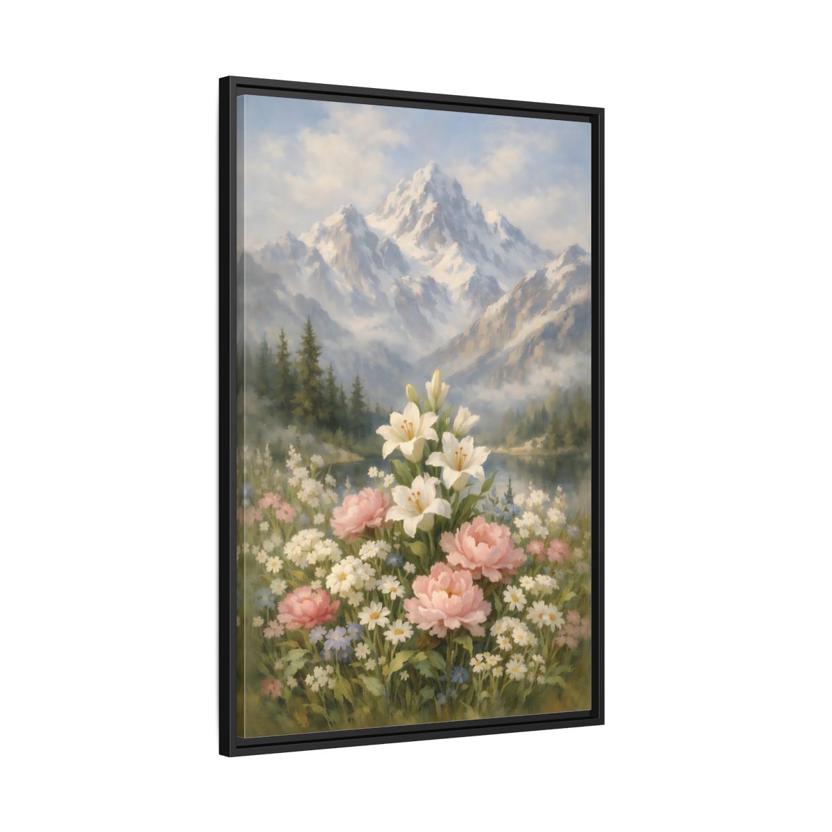 Side Mockup 13. Nature Lilies Peonies Pastel Mountain Flowers shown as stretched canvas wall art