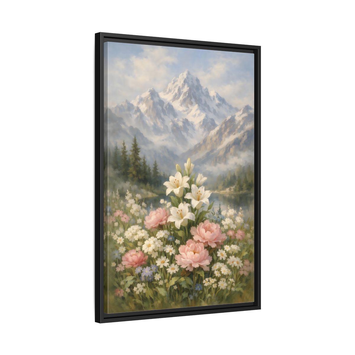 Side Mockup 14. Nature Lilies Peonies Pastel Mountain Flowers shown as stretched canvas wall art