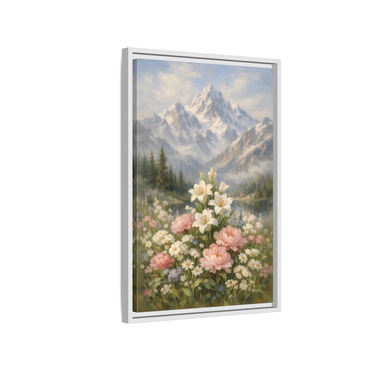 Side Mockup 1. Nature Lilies Peonies Pastel Mountain Flowers shown as stretched canvas wall art