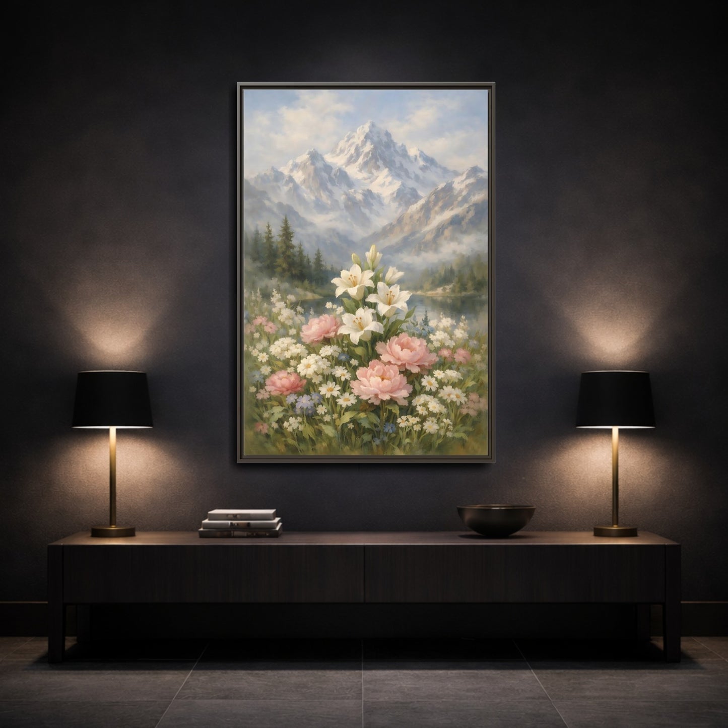 Mockup 2. Nature Lilies Peonies Pastel Mountain Flowers shown as stretched canvas wall art