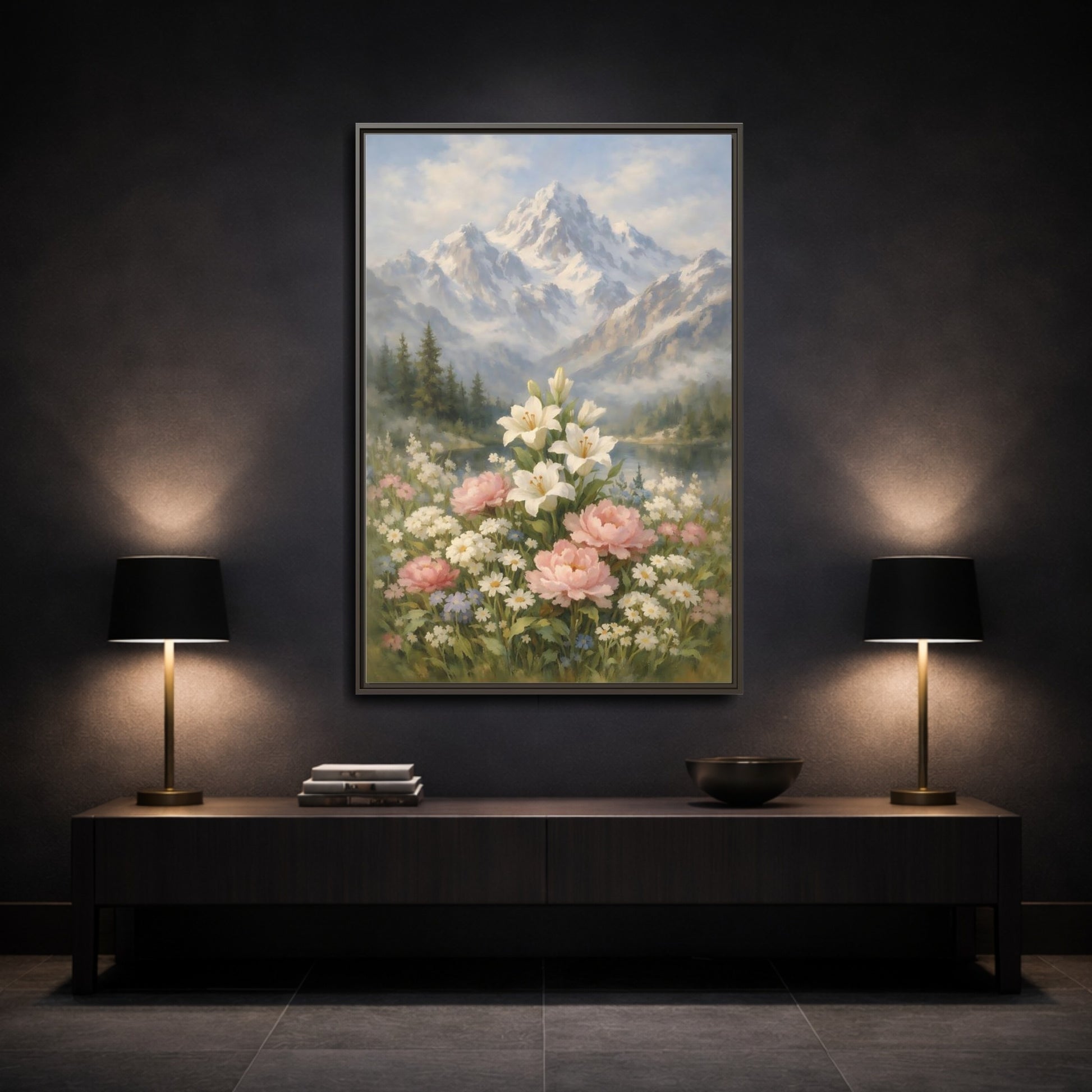Mockup 2. Nature Lilies Peonies Pastel Mountain Flowers shown as stretched canvas wall art