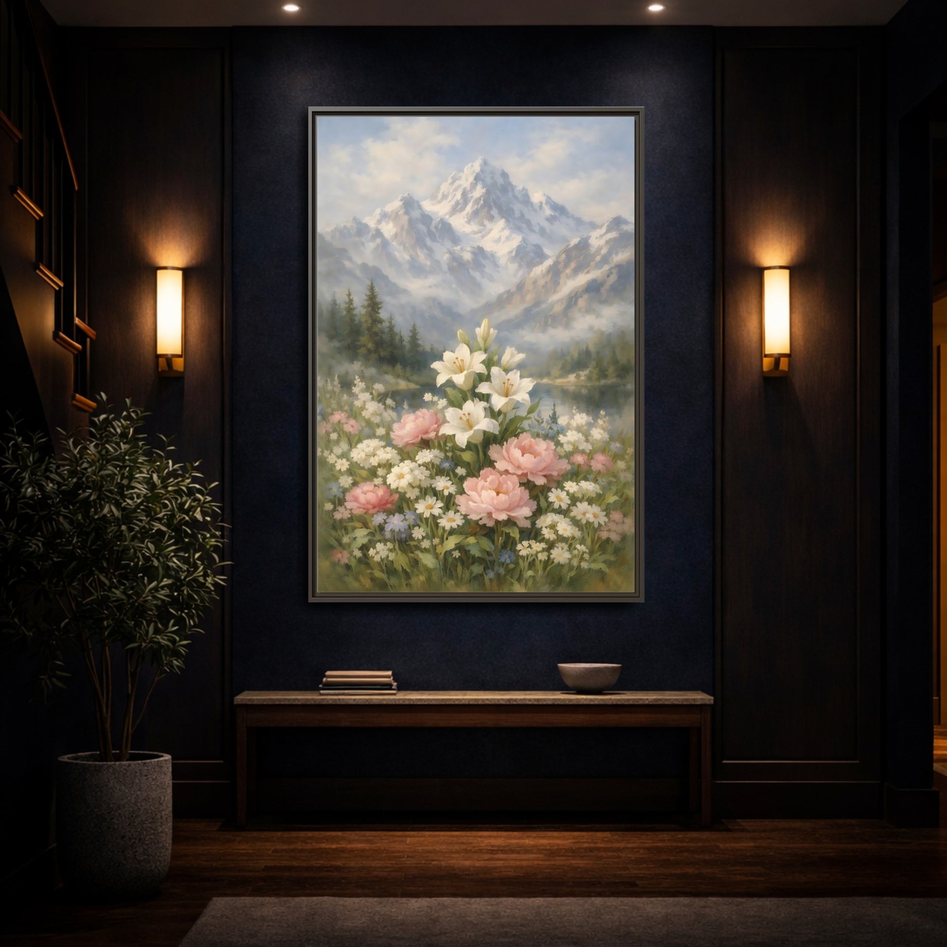Mockup 3. Nature Lilies Peonies Pastel Mountain Flowers shown as stretched canvas wall art