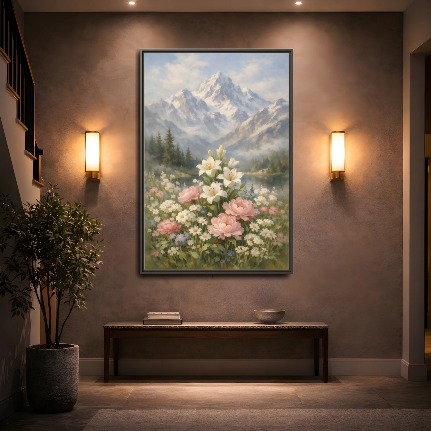 Mockup 4. Nature Lilies Peonies Pastel Mountain Flowers shown as stretched canvas wall art