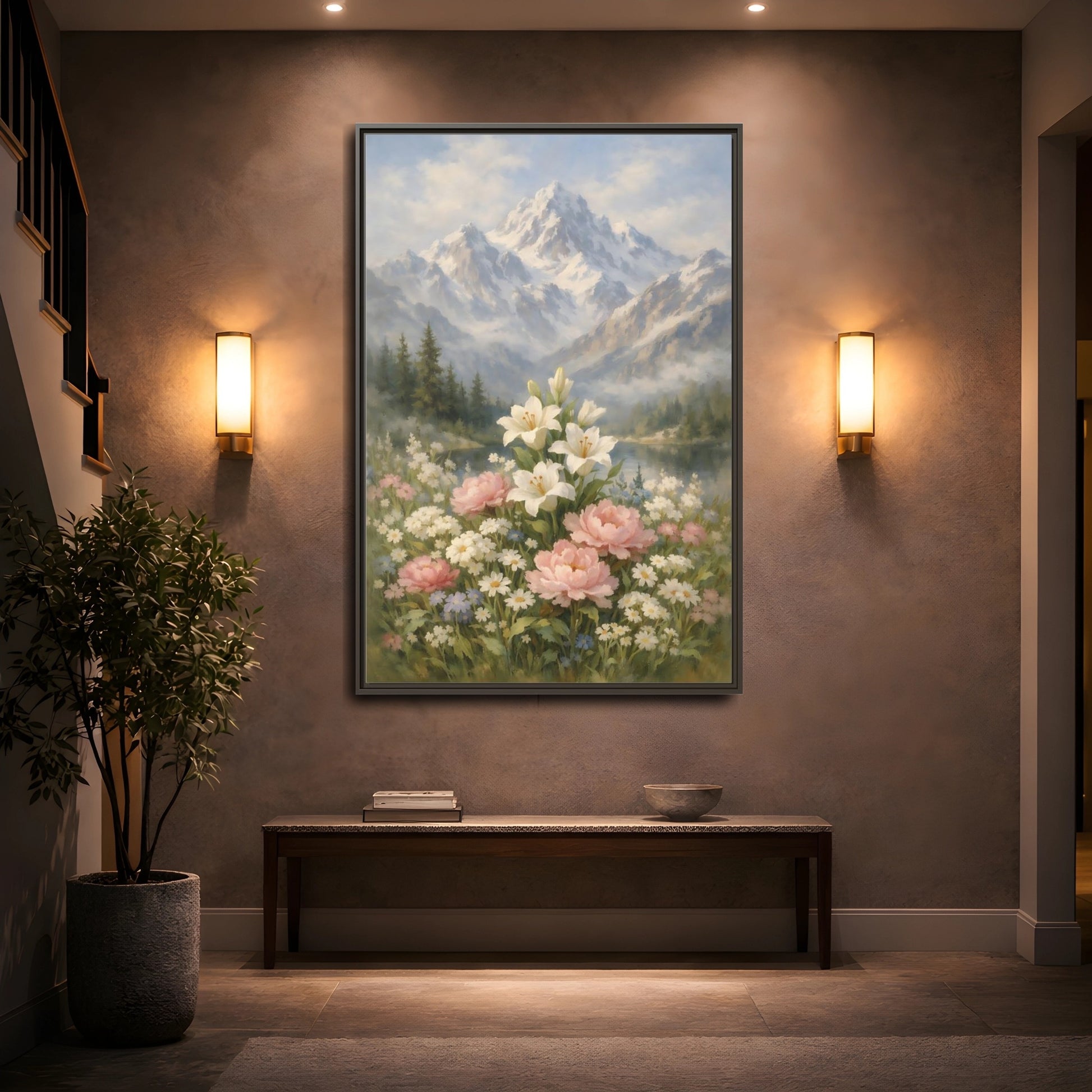 Mockup 4. Nature Lilies Peonies Pastel Mountain Flowers shown as stretched canvas wall art