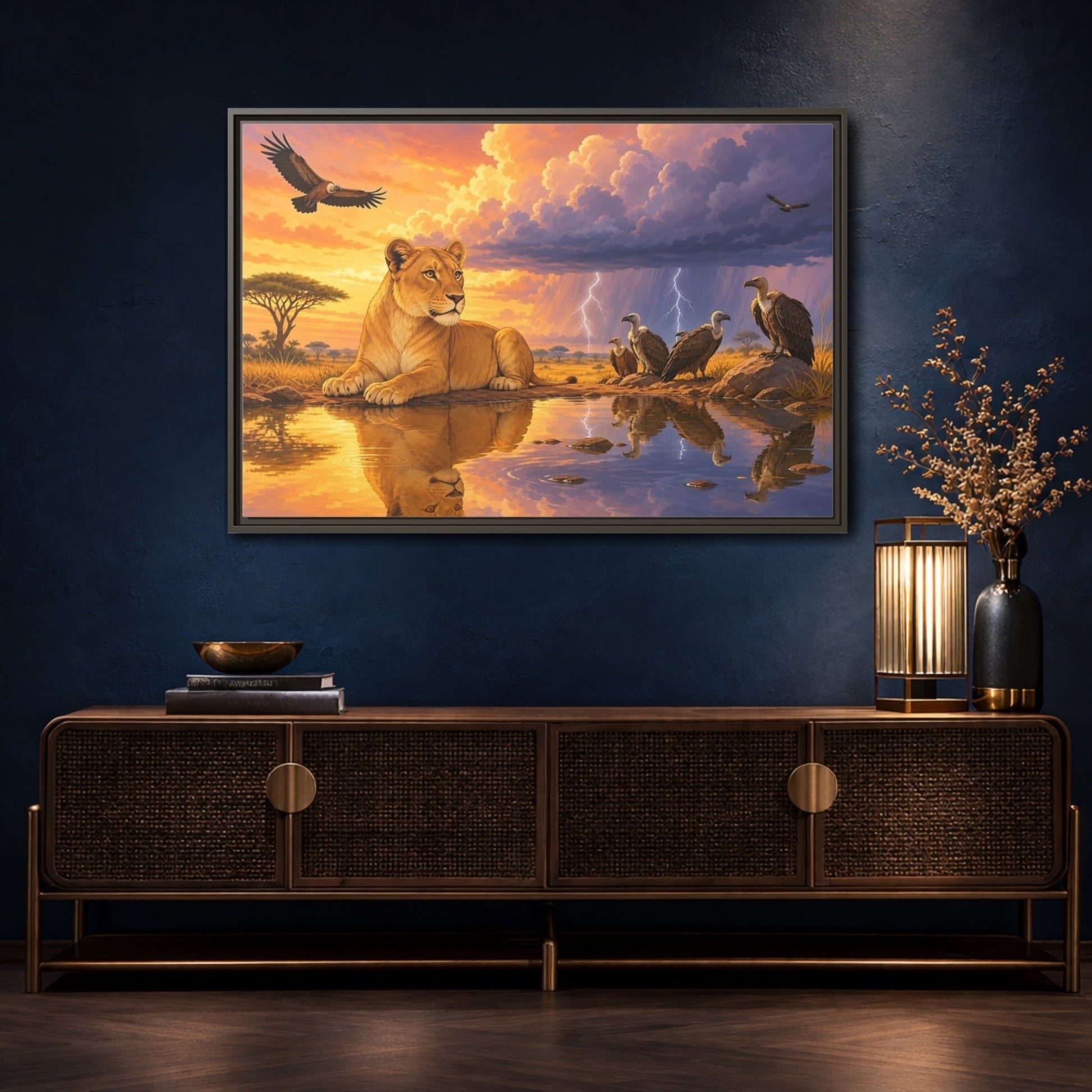 Nature Lioness African Wildlife Sunset Framed Canvas Wall Art Print – Living Room Decor, Above Sofa - YesArtYes
