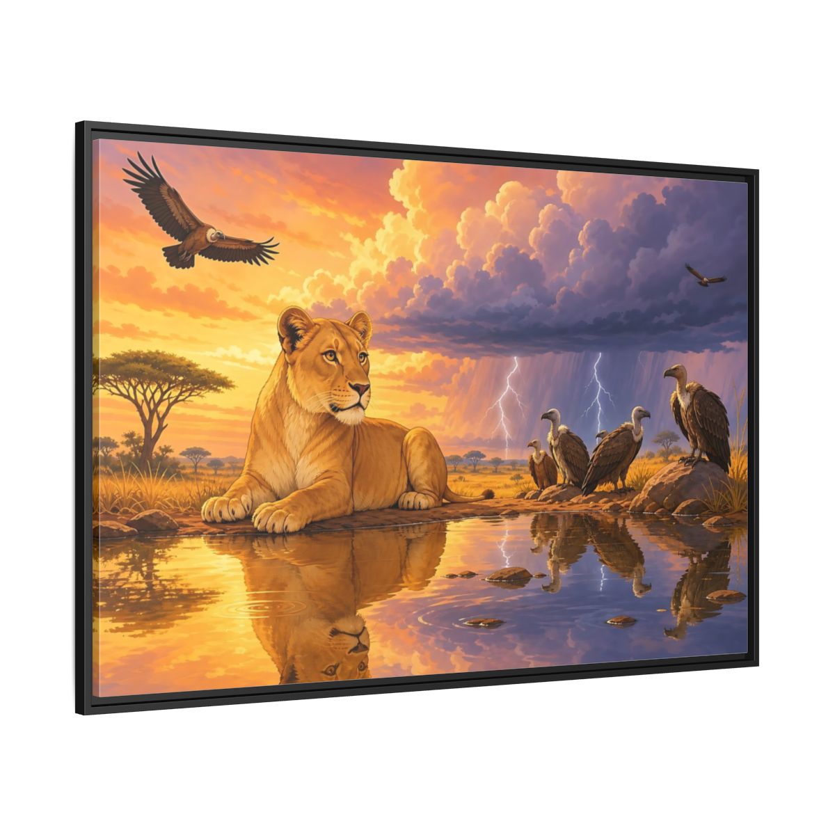 Side Mockup 12. Nature Lioness African Wildlife Sunset shown as stretched canvas wall art
