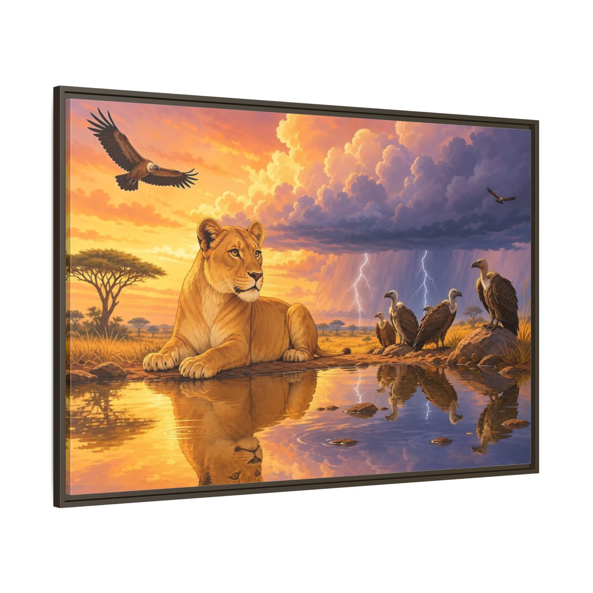 Side Mockup 8. Nature Lioness African Wildlife Sunset shown as stretched canvas wall art