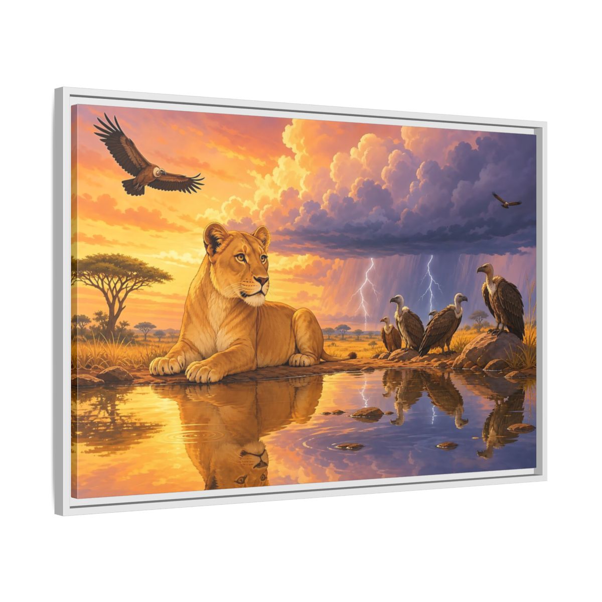 Side Mockup 9. Nature Lioness African Wildlife Sunset shown as stretched canvas wall art