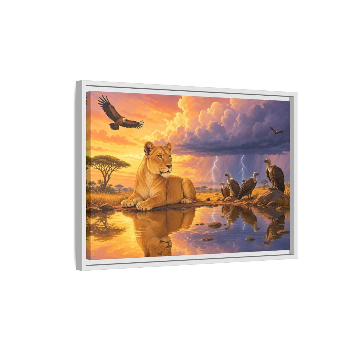 Side Mockup 1. Nature Lioness African Wildlife Sunset shown as stretched canvas wall art