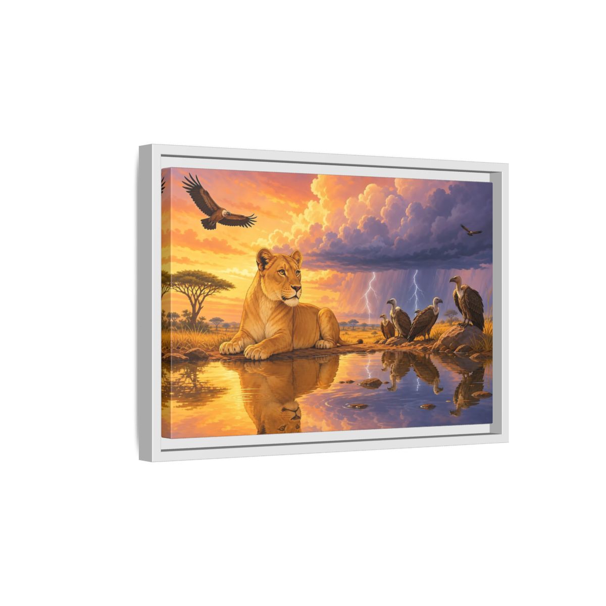 Side Mockup 4. Nature Lioness African Wildlife Sunset shown as stretched canvas wall art