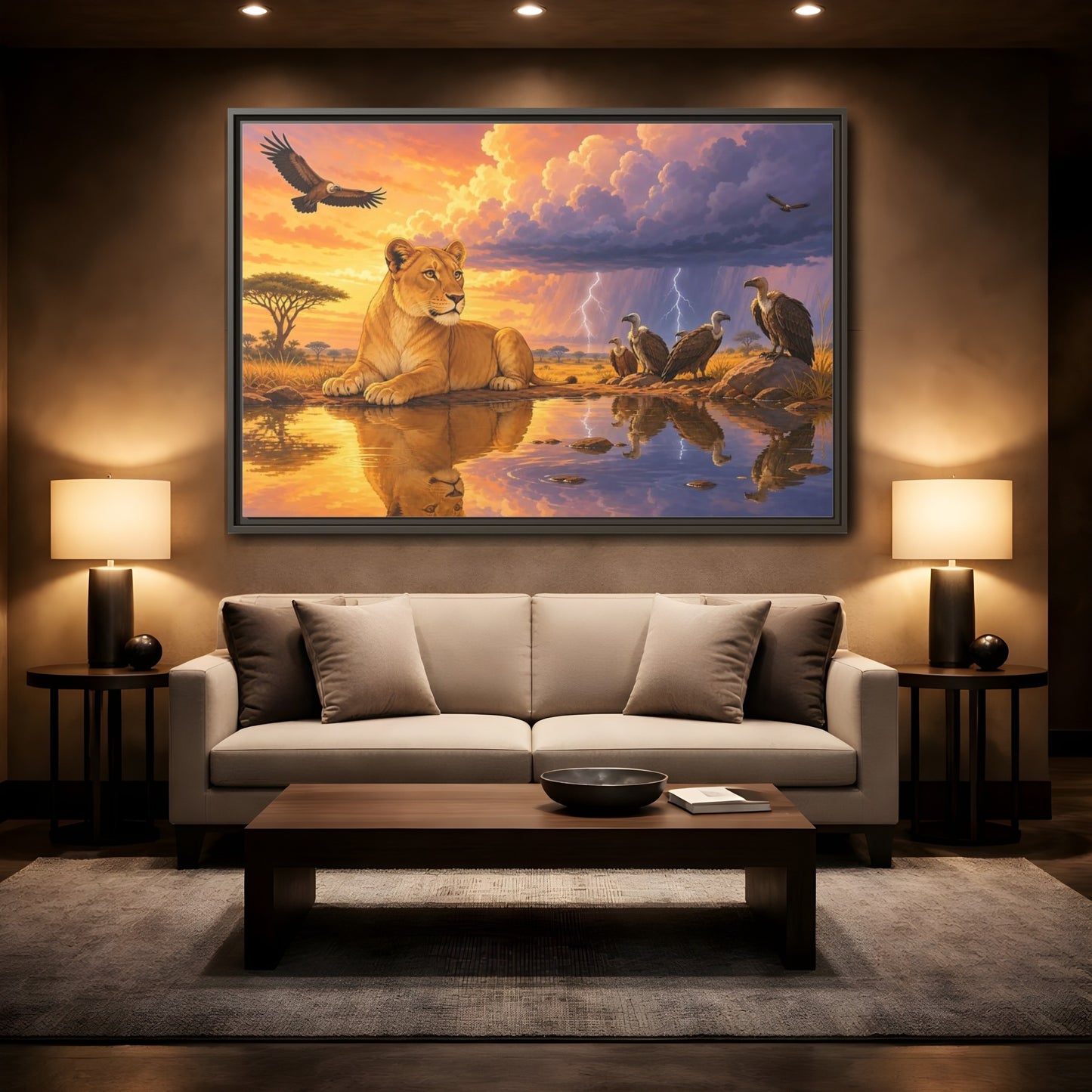 Mockup 2. Nature Lioness African Wildlife Sunset shown as stretched canvas wall art