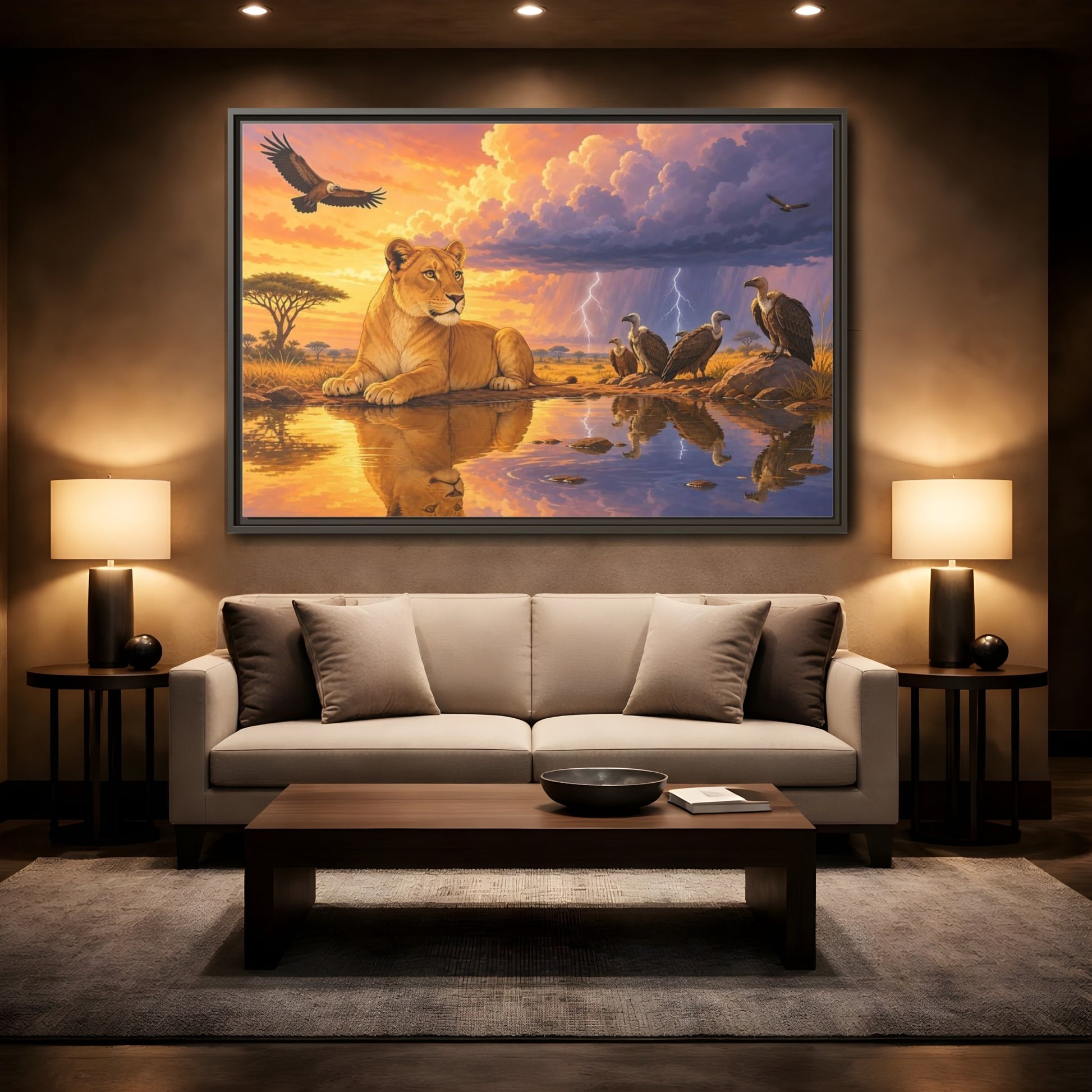 Mockup 2. Nature Lioness African Wildlife Sunset shown as stretched canvas wall art