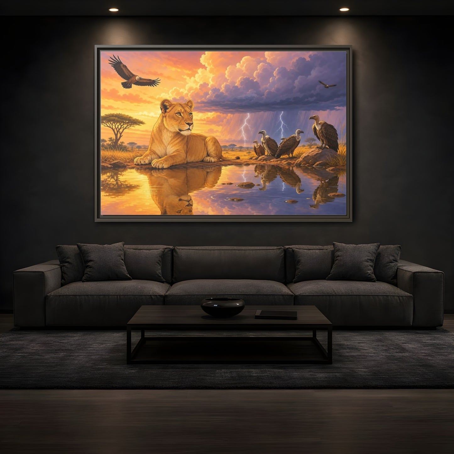 Mockup 3. Nature Lioness African Wildlife Sunset shown as stretched canvas wall art