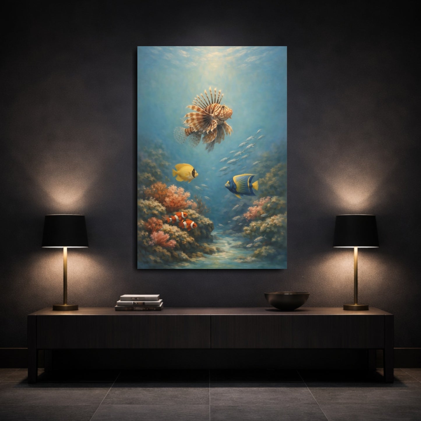 Mockup 2. Nature Lionfish, Coral Underwater Ocean shown as stretched canvas wall art