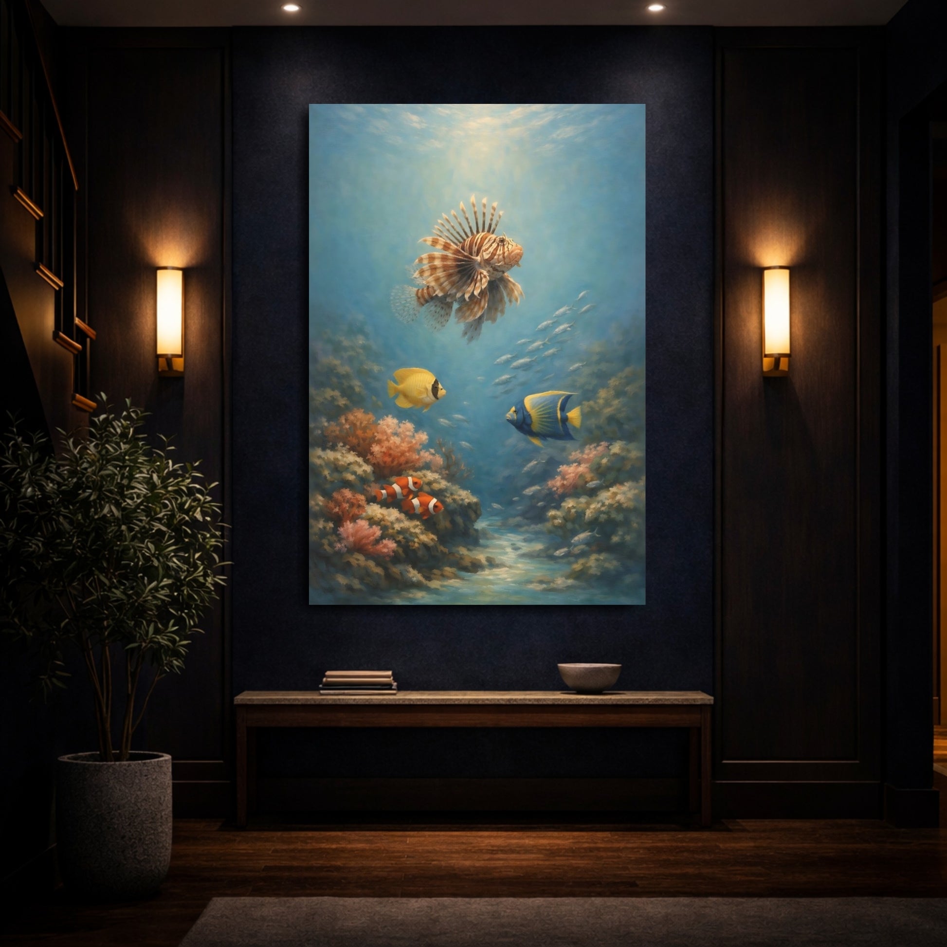 Mockup 3. Nature Lionfish, Coral Underwater Ocean shown as stretched canvas wall art