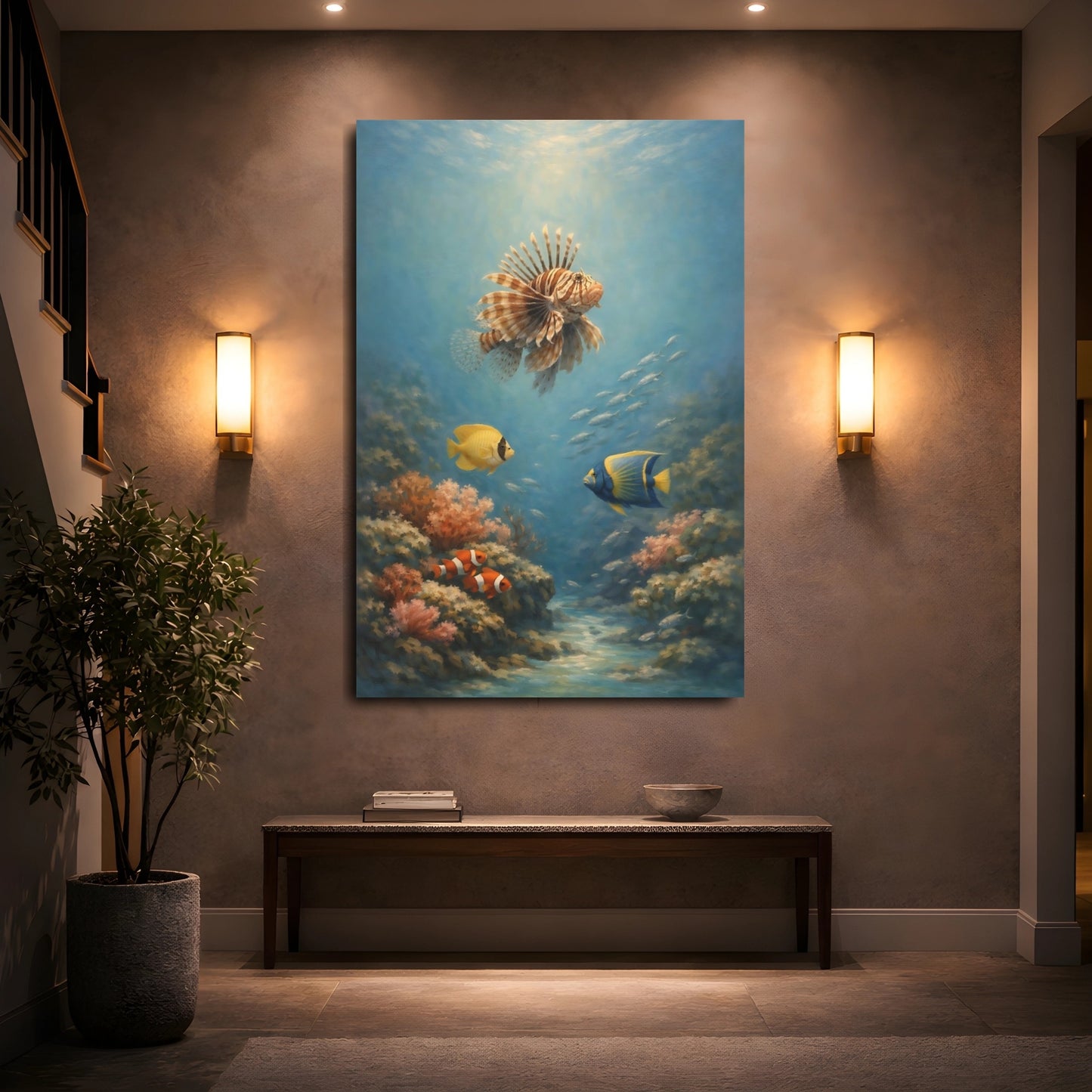 Mockup 4. Nature Lionfish, Coral Underwater Ocean shown as stretched canvas wall art