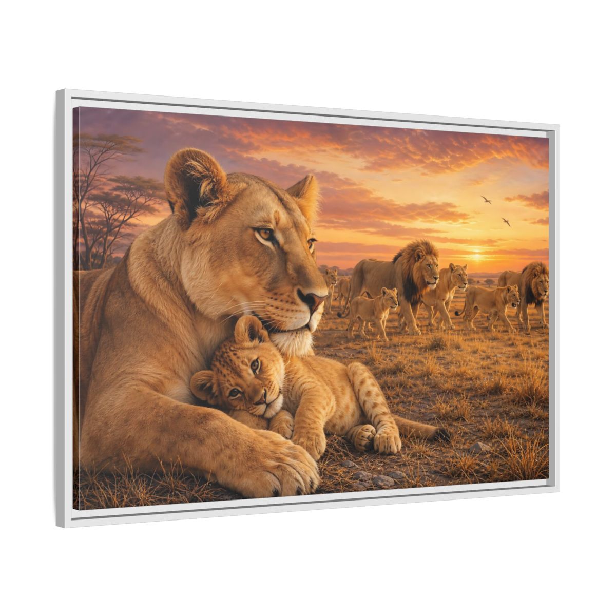 Side Mockup 9. Nature Lions Golden Hour Lions shown as stretched canvas wall art