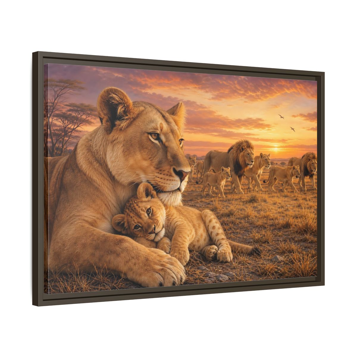 Side Mockup 11. Nature Lions Golden Hour Lions shown as stretched canvas wall art