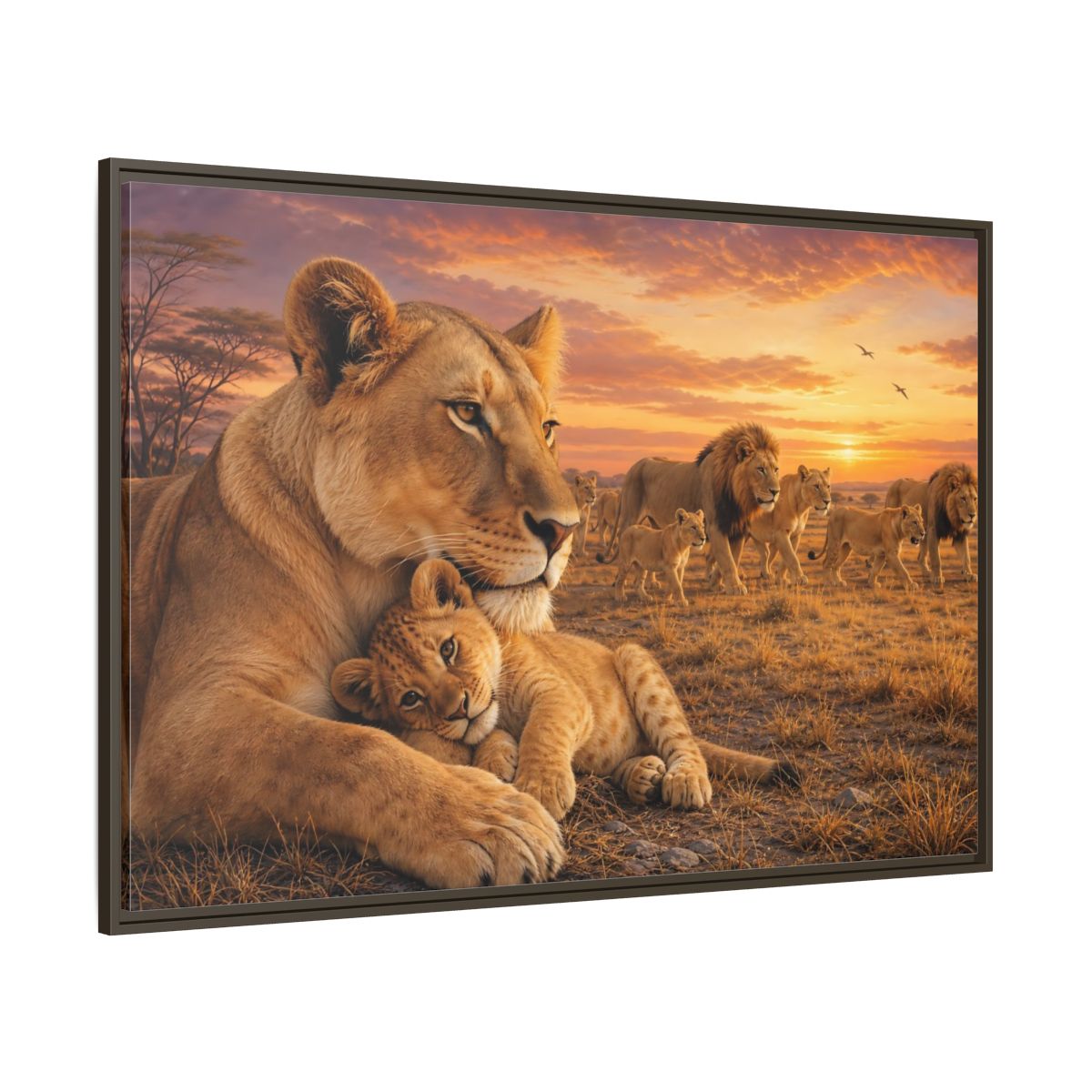 Side Mockup 8. Nature Lions Golden Hour Lions shown as stretched canvas wall art