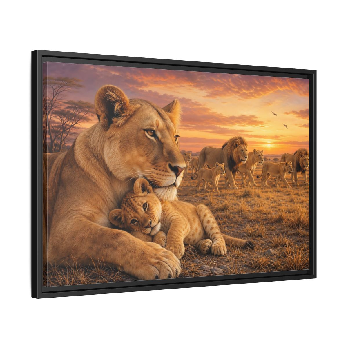 Side Mockup 14. Nature Lions Golden Hour Lions shown as stretched canvas wall art