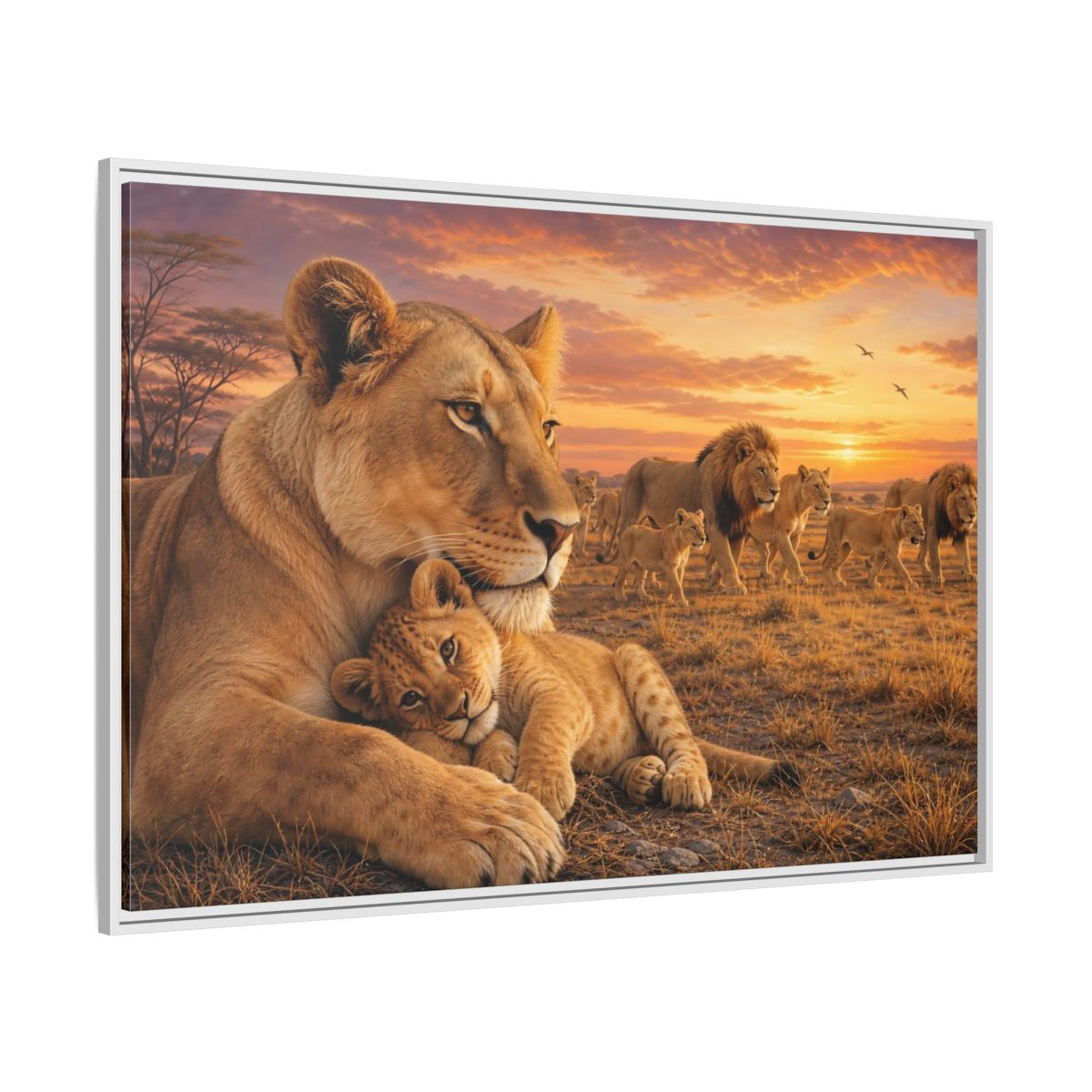 Side Mockup 7. Nature Lions Golden Hour Lions shown as stretched canvas wall art
