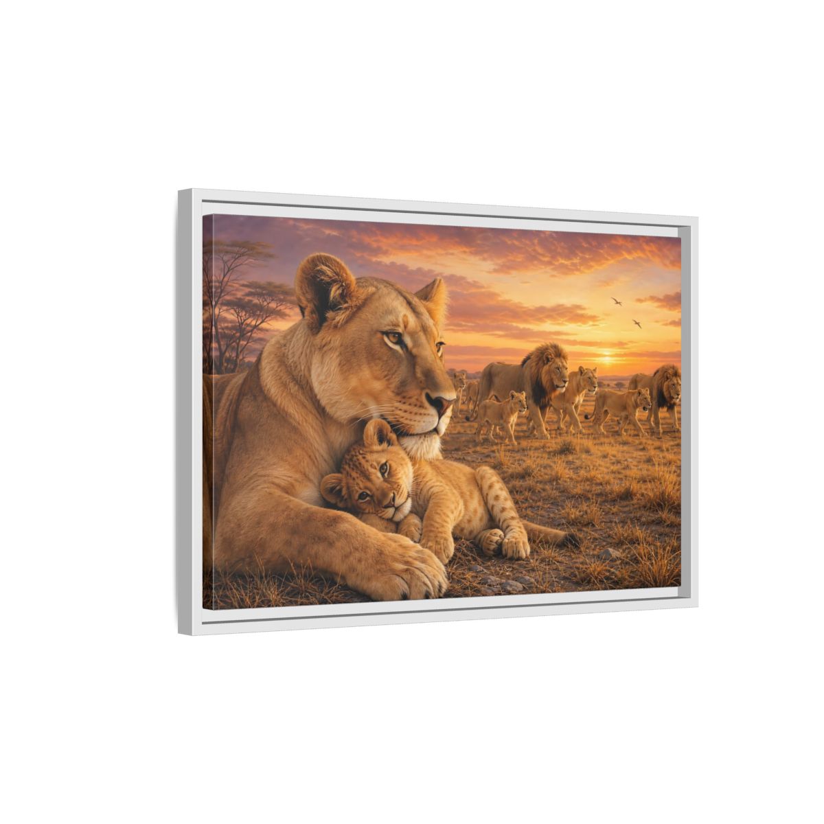 Side Mockup 1. Nature Lions Golden Hour Lions shown as stretched canvas wall art