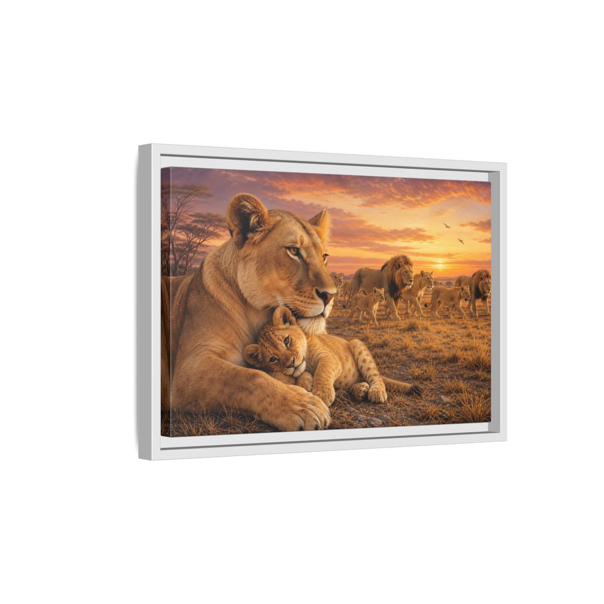 Side Mockup 4. Nature Lions Golden Hour Lions shown as stretched canvas wall art