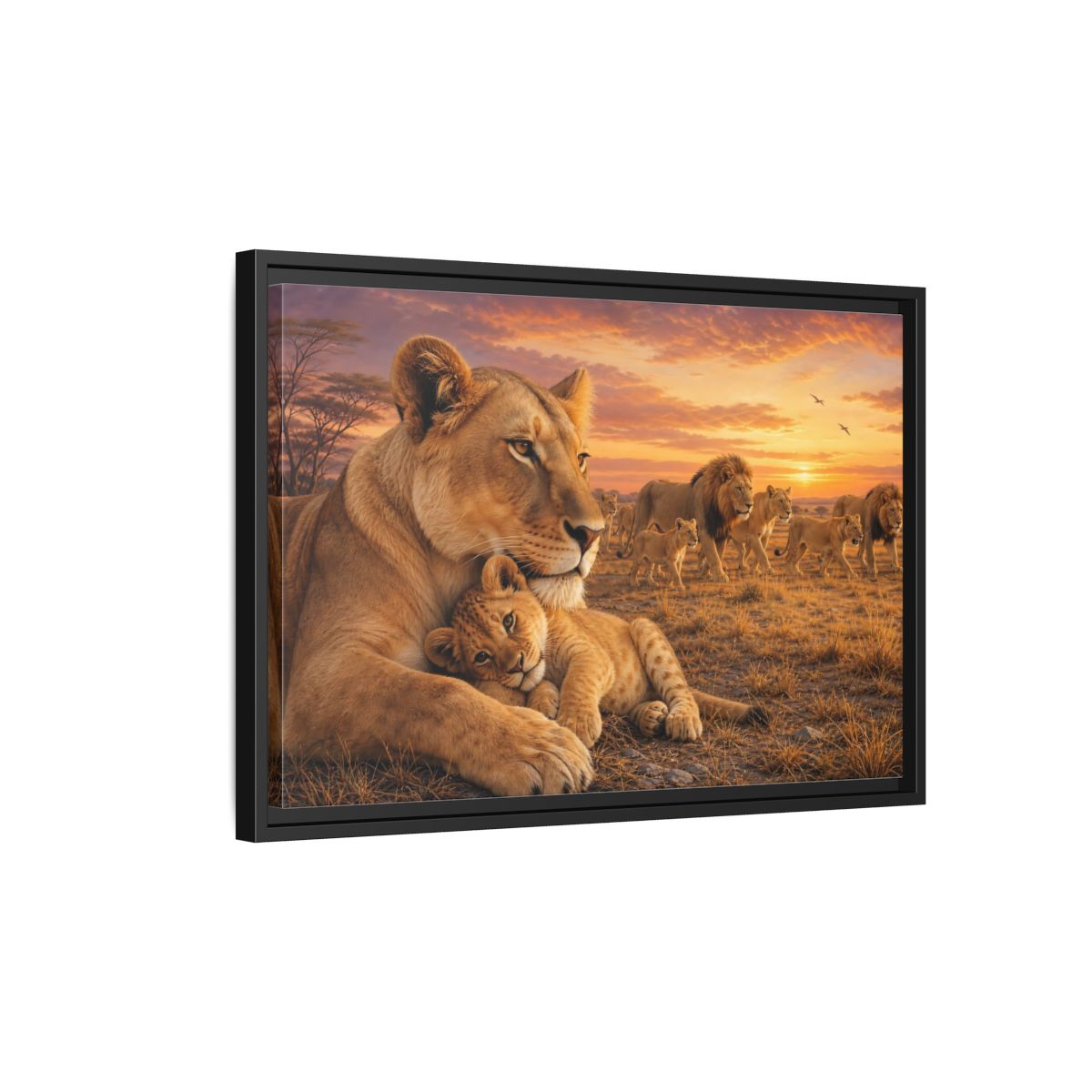Side Mockup 3. Nature Lions Golden Hour Lions shown as stretched canvas wall art