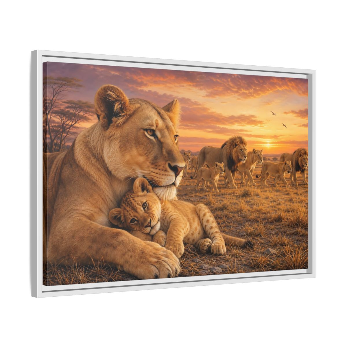 Side Mockup 10. Nature Lions Golden Hour Lions shown as stretched canvas wall art
