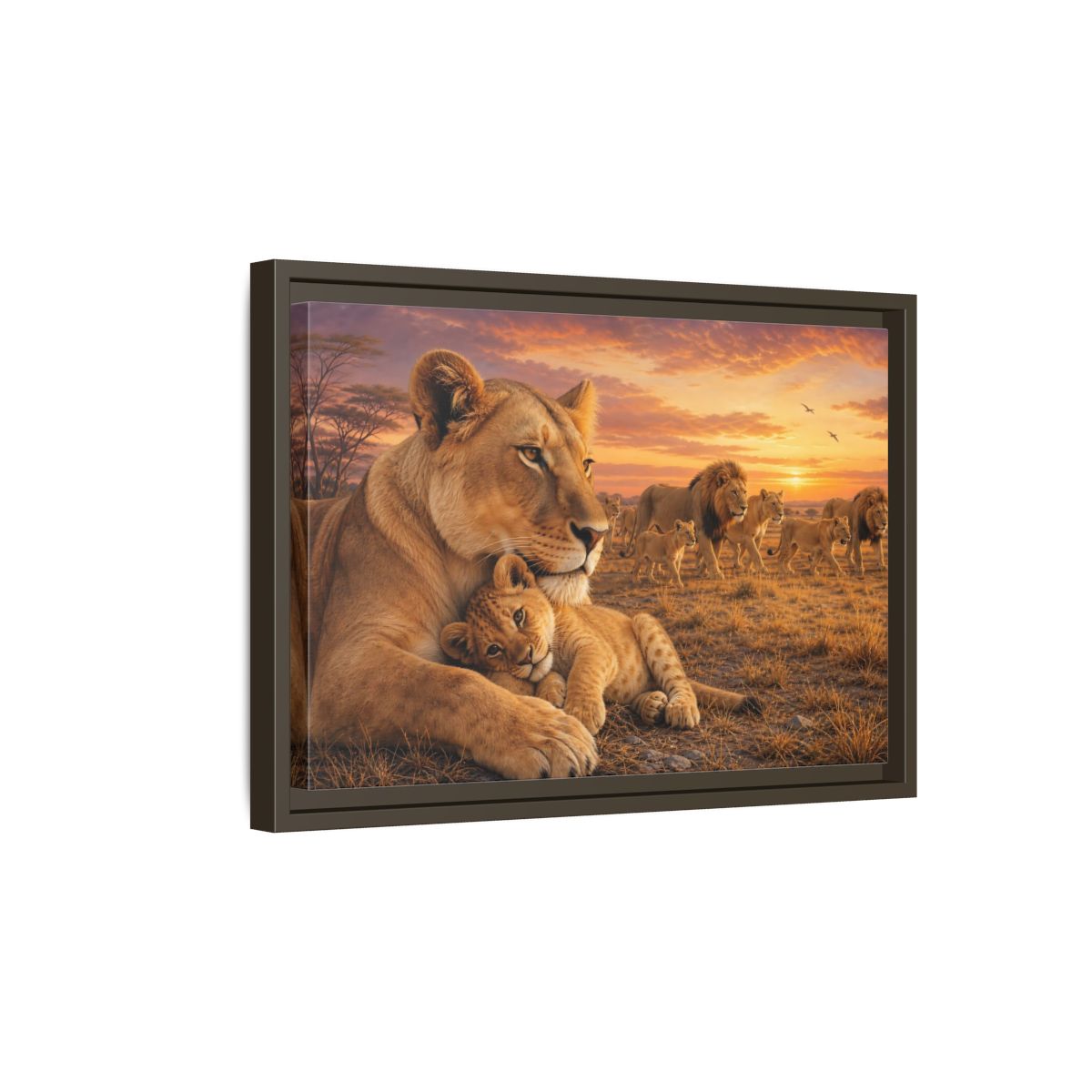 Side Mockup 5. Nature Lions Golden Hour Lions shown as stretched canvas wall art
