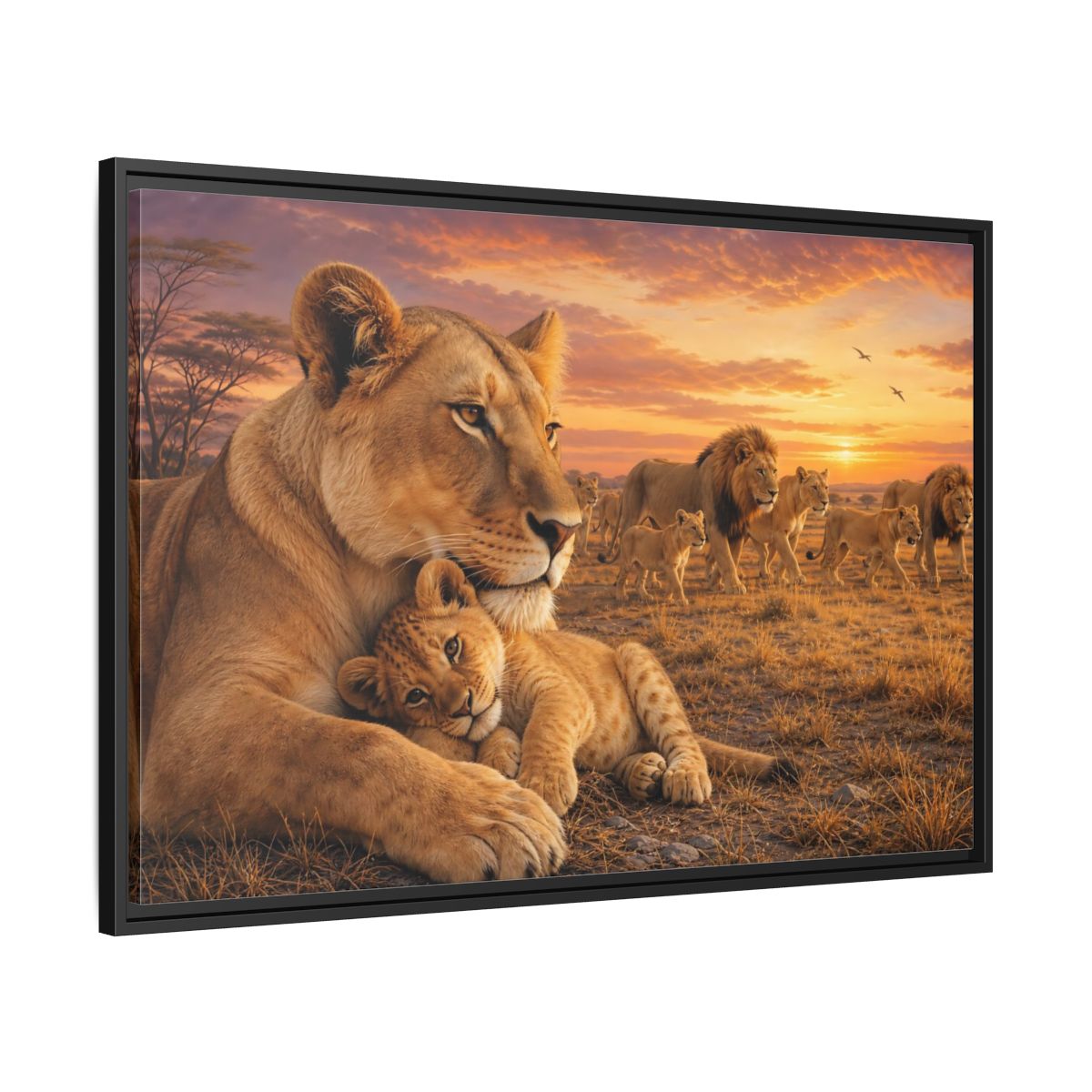 Side Mockup 13. Nature Lions Golden Hour Lions shown as stretched canvas wall art