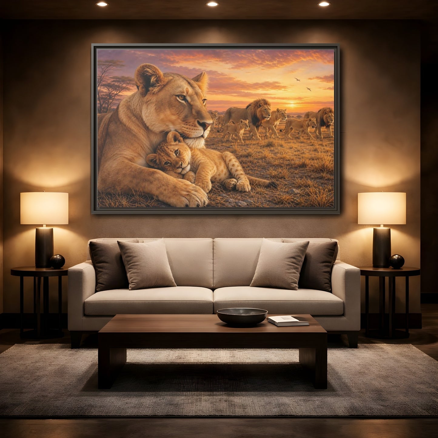 Mockup 2. Nature Lions Golden Hour Lions shown as stretched canvas wall art